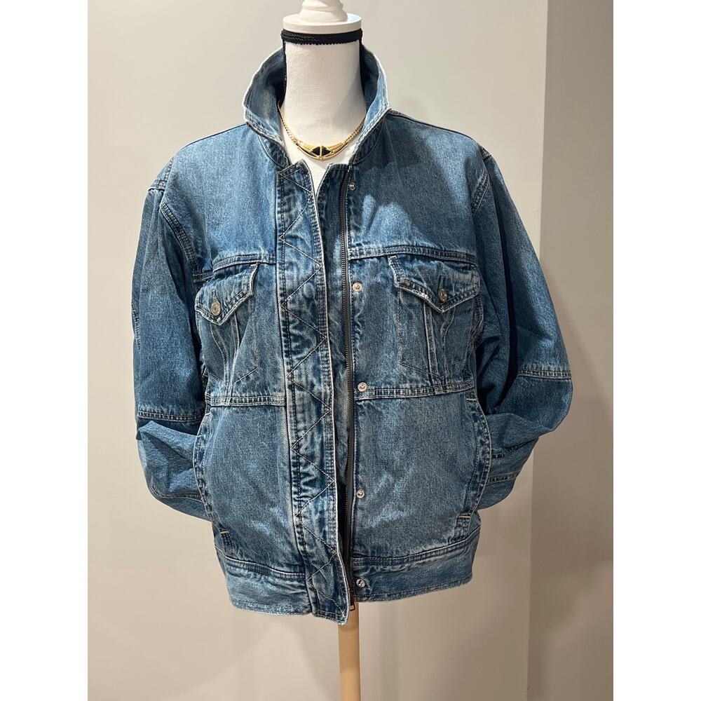 Vintage 90s American Eagle Denim Bomber Jacket Women’s S Blue Jean Zip Up